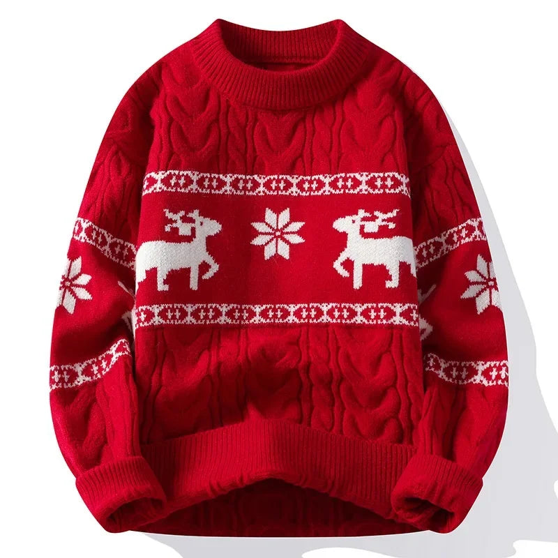 Jouluneule porokuvio unisex punainen valkoinen pullover pyöreä kaula-aukko