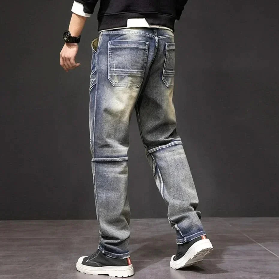 Miesten denim suoralahkeiset cargo farkut vintage-pesulla ja reisitaskuilla