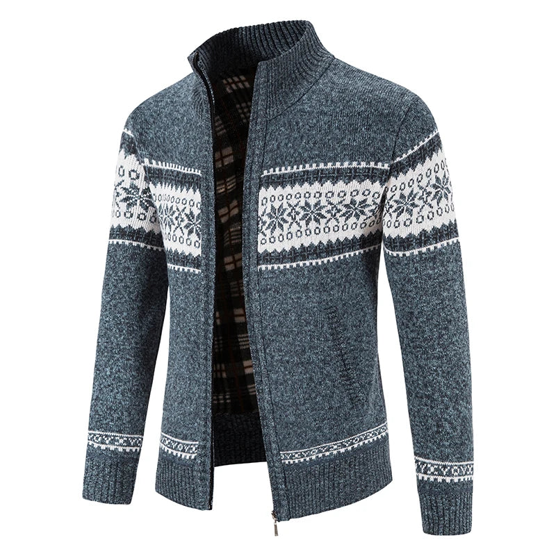 Miesten jouluneule fleece-neuletakki korkeakauluksinen napitus edessä