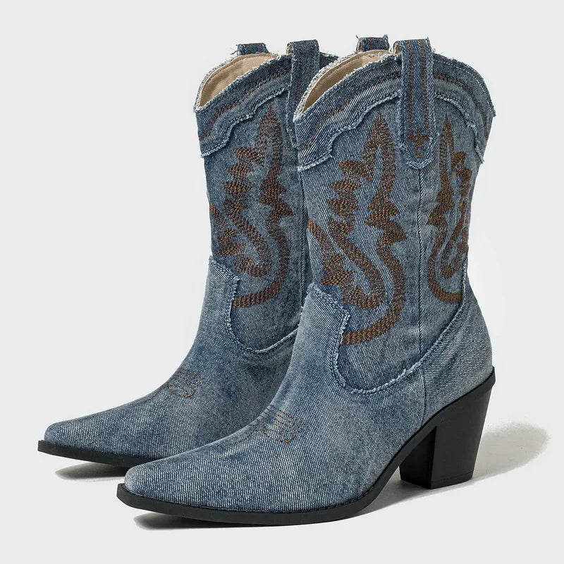 Naisten Denim Länsimainen Saapas | Korkea Korko, Keskivyötärö
