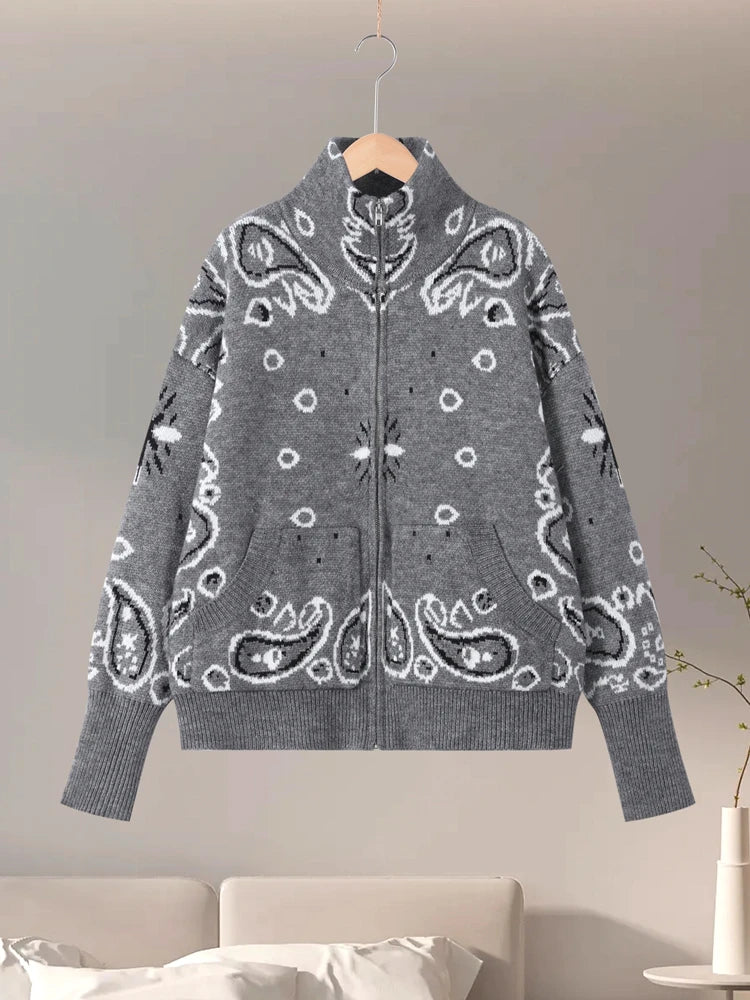 Naisten neulottu jacquard cardigan vetoketjulla väljä istuvuus