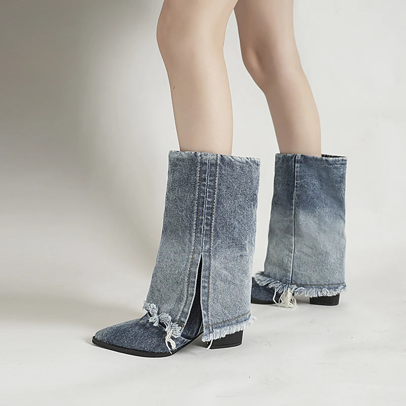 Naisilta nilkkasaappaat | Denim, korkea korko, terävä nenä