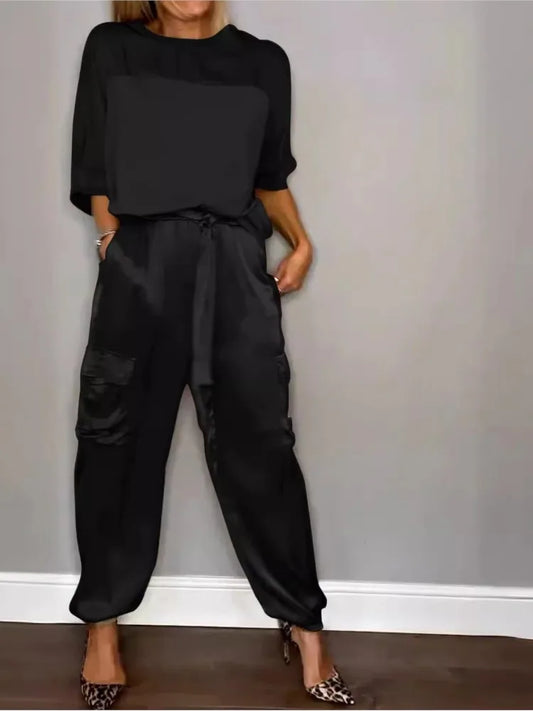 Naisten Satin Kaksiosainen Setti - O-Muoto Kaula - Pitkähiha-outfit set-EmiyoSuomi