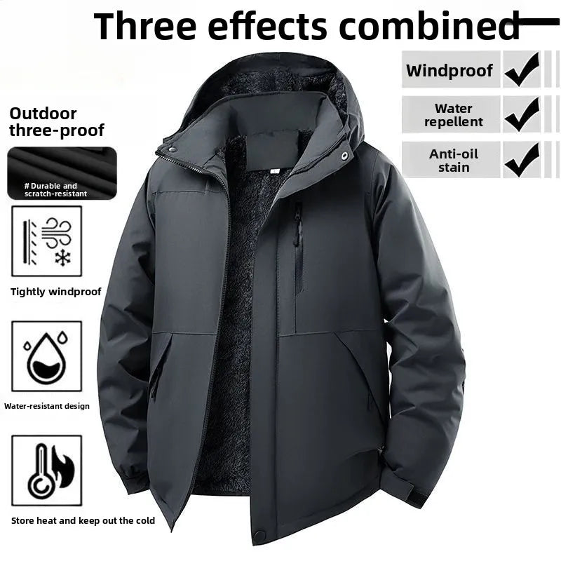 Miesten vedenpitävä fleecevuorinen hupullinen takki oversized talvitakki
