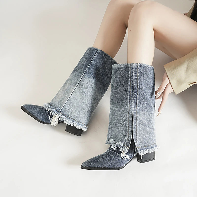Naisilta nilkkasaappaat | Denim, korkea korko, terävä nenä