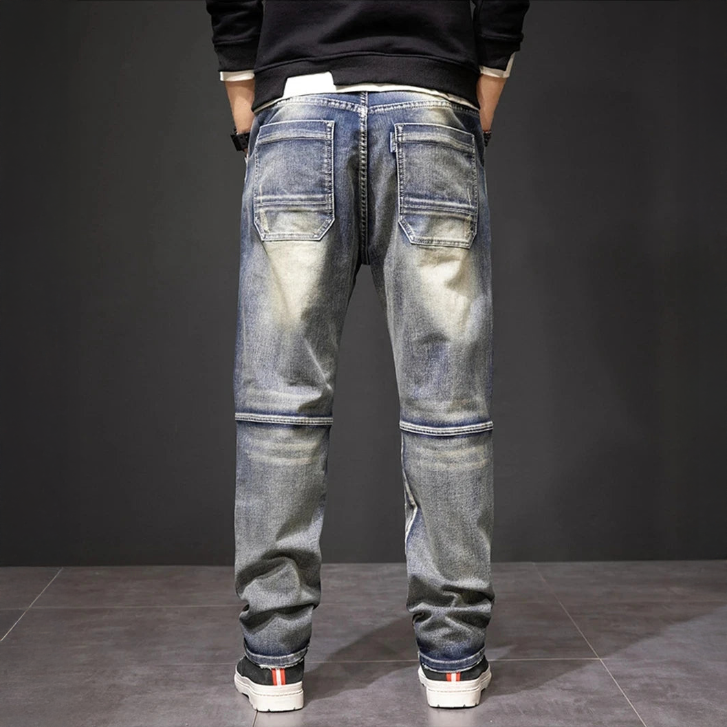 Miesten denim suoralahkeiset cargo farkut vintage-pesulla ja reisitaskuilla