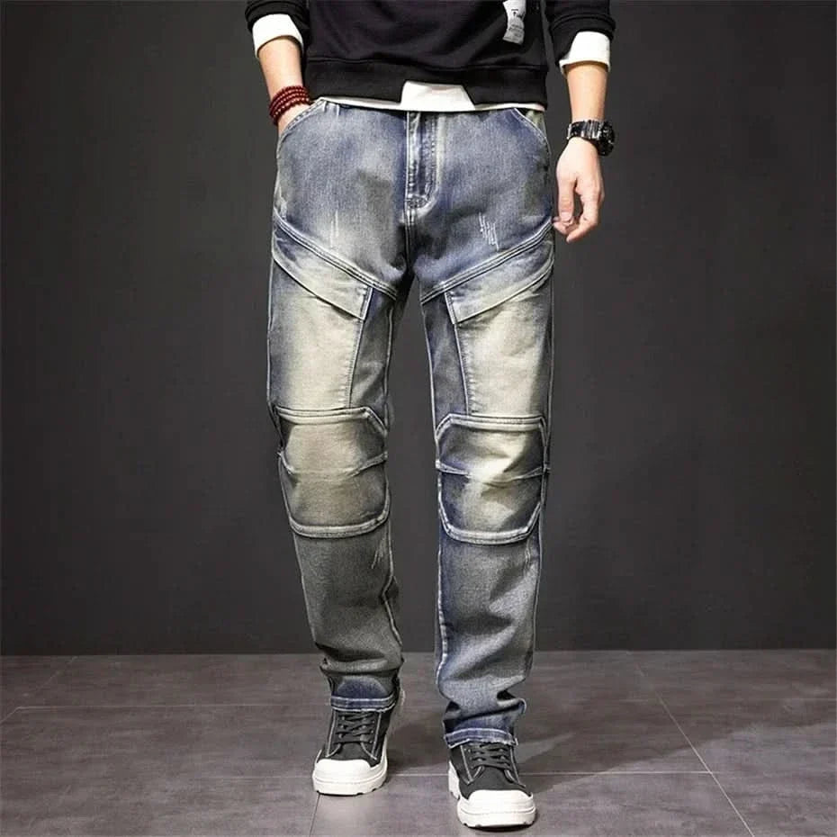 Miesten denim suoralahkeiset cargo farkut vintage-pesulla ja reisitaskuilla