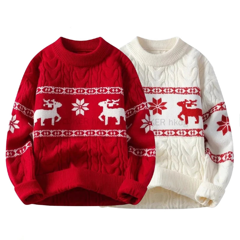 Jouluneule porokuvio unisex punainen valkoinen pullover pyöreä kaula-aukko