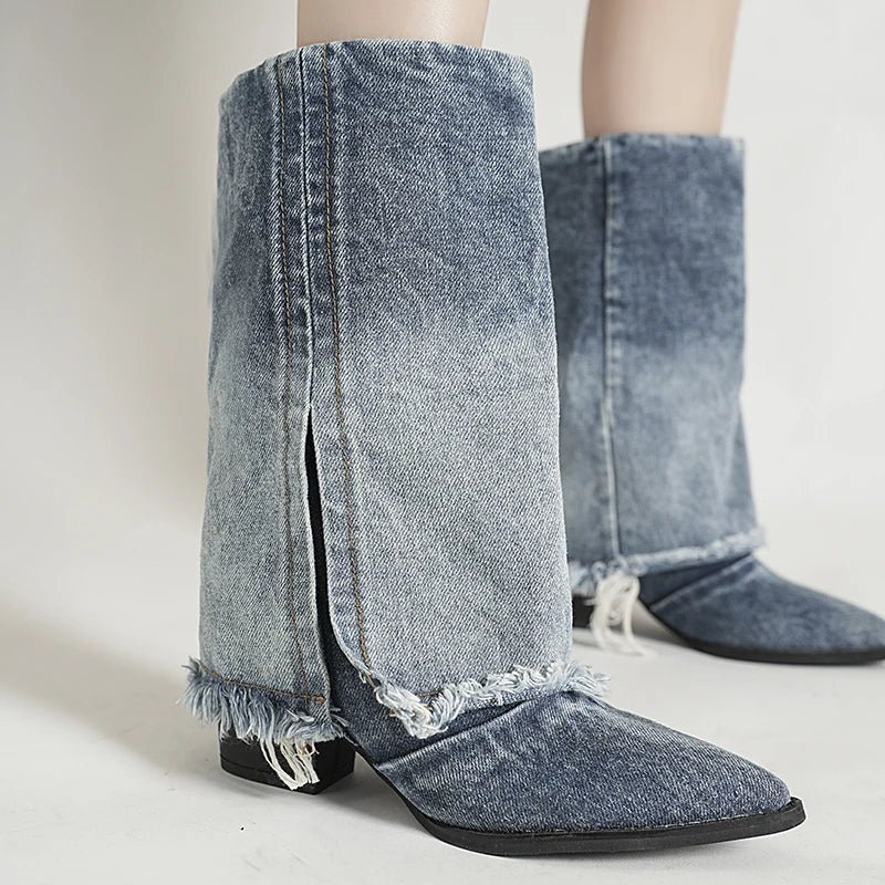 Naisilta nilkkasaappaat | Denim, korkea korko, terävä nenä