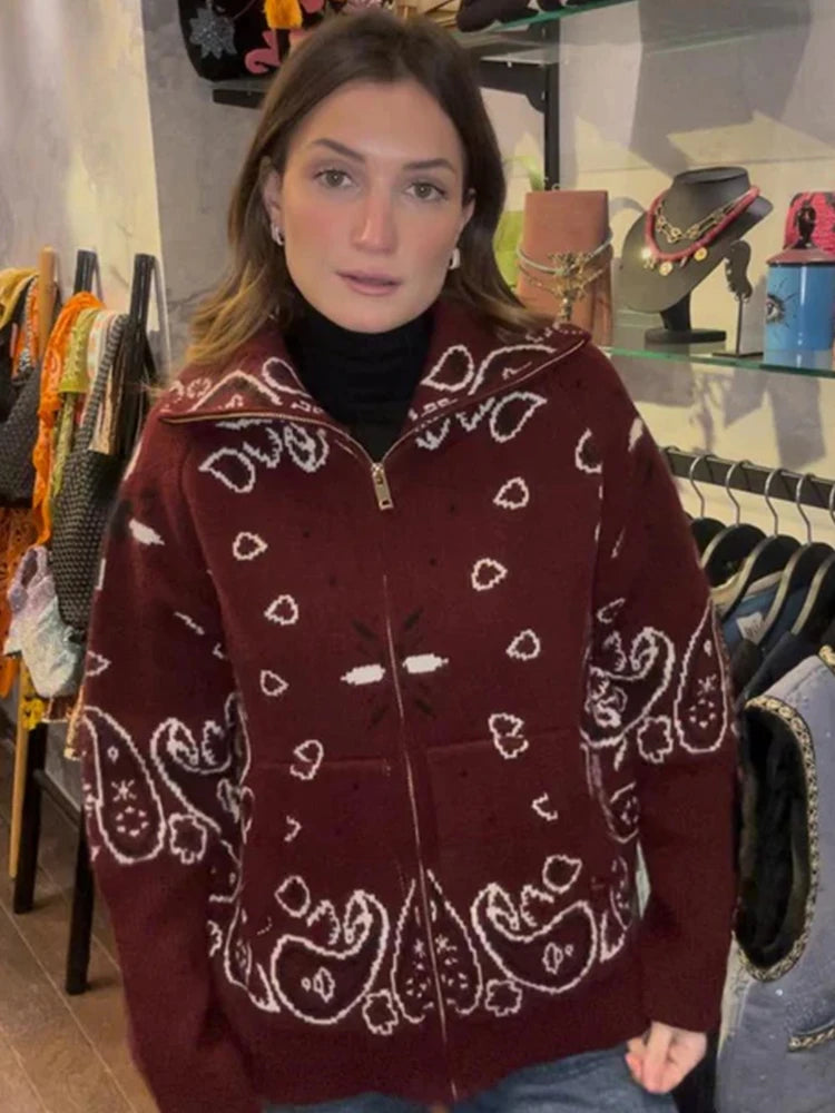 Naisten neulottu jacquard cardigan vetoketjulla väljä istuvuus