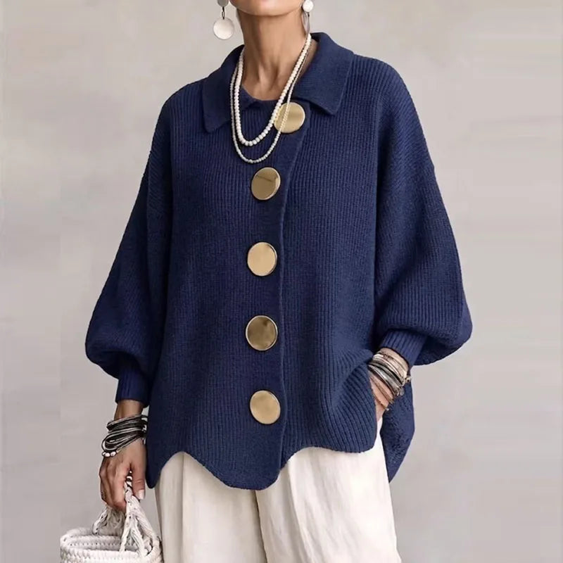 Naisten neulecardigan oversized kullanvärisillä napeilla ja ballonhihalla