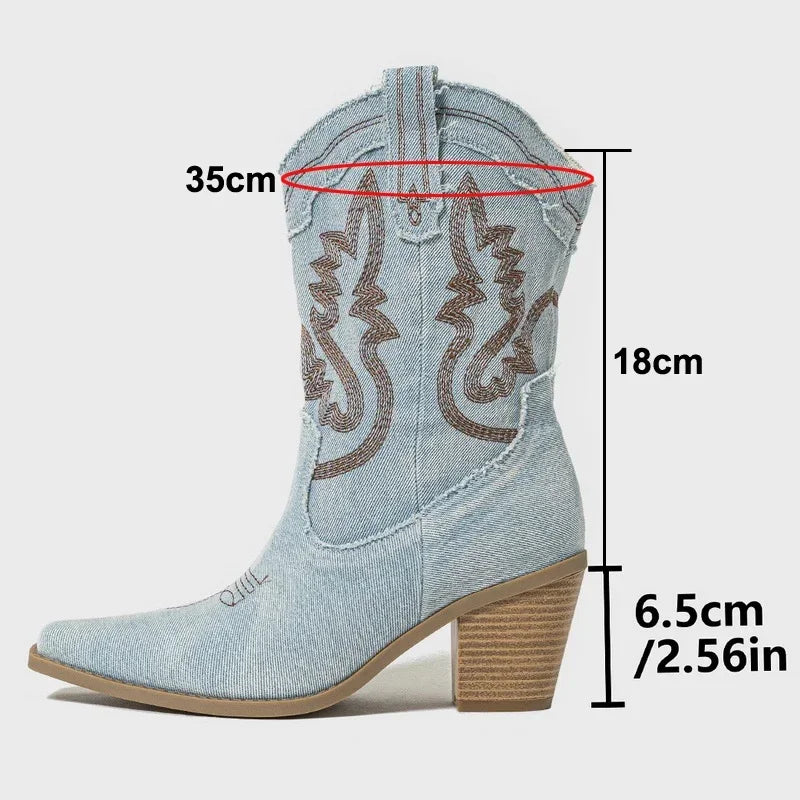 Naisten Denim Länsimainen Saapas | Korkea Korko, Keskivyötärö