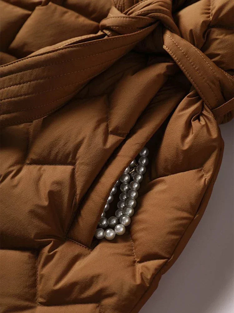 Dames elegante donsjas - met riem - warm en stijlvol