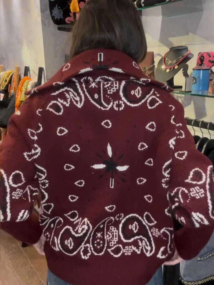 Naisten neulottu jacquard cardigan vetoketjulla väljä istuvuus