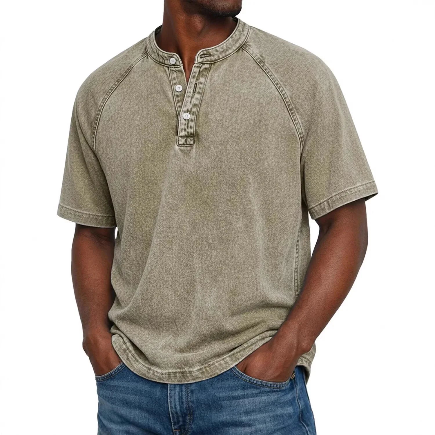 Miesten Henley-paita | Raglan-hihat Vintage | Nappikaulus