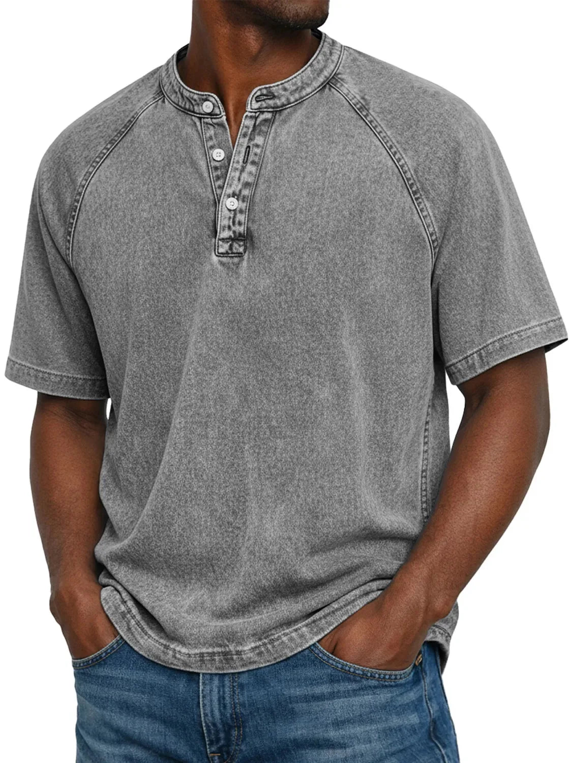Miesten henley t-paita raglan hihoilla vintage-tyylillä ja nappikaularauksella