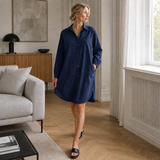 Damen Hemdblusenkleid - Baumwolle Leinen - Lange Ärmel