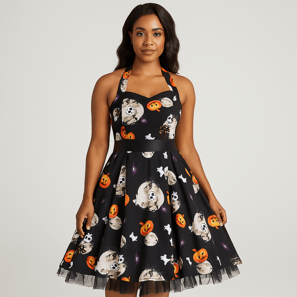 Alessandra Halloween Midi Mekko - Sarjakuvaprintti - Uniikki Design - EmiyoSuomi - Halloween