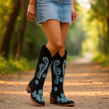 Damen Cowboy-Stiefel - Blumige Stickerei - Bequemer Flacher Absatz