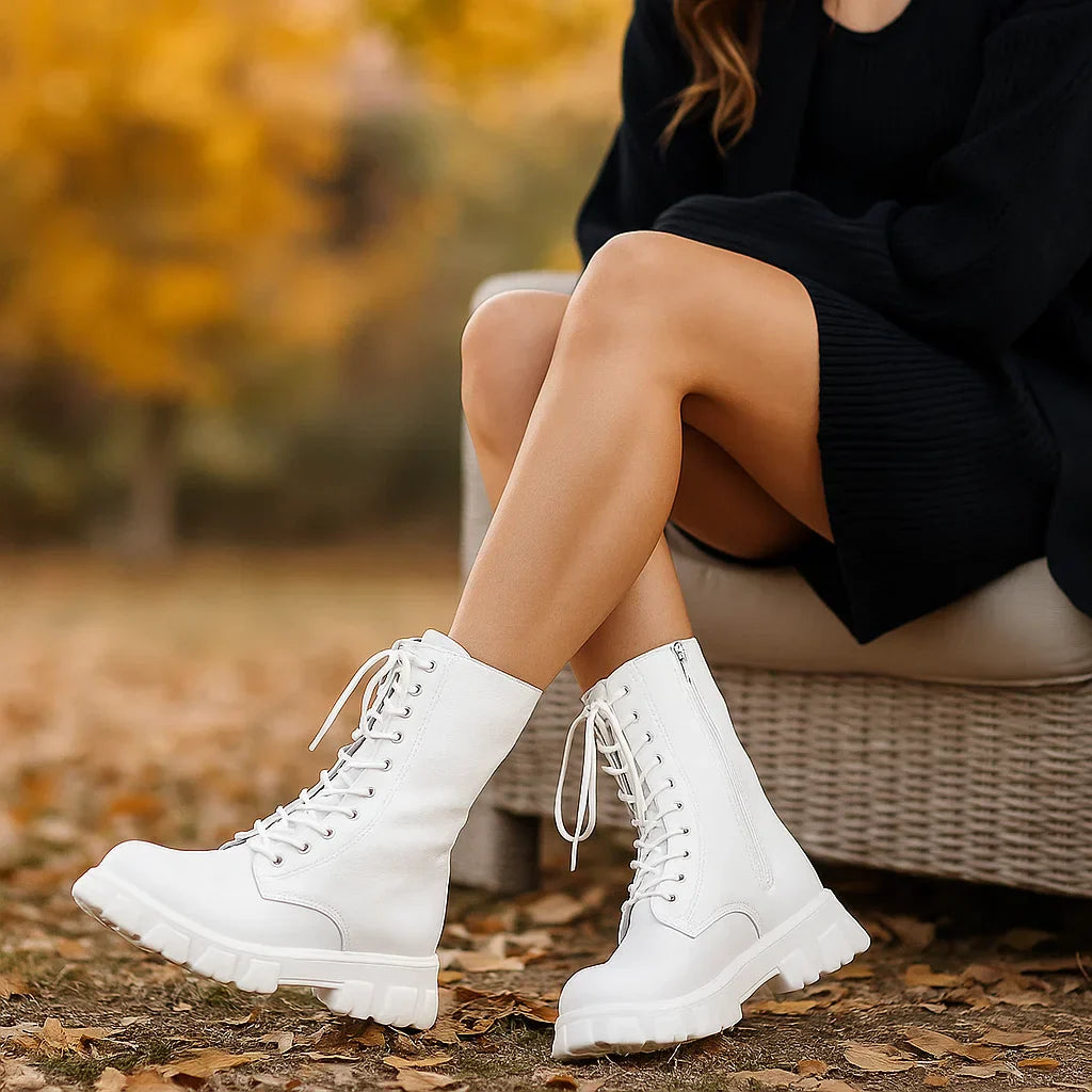 Damen Hohe Schnürschuhe - Robustes Sohlenprofil - Seitenreißverschluss