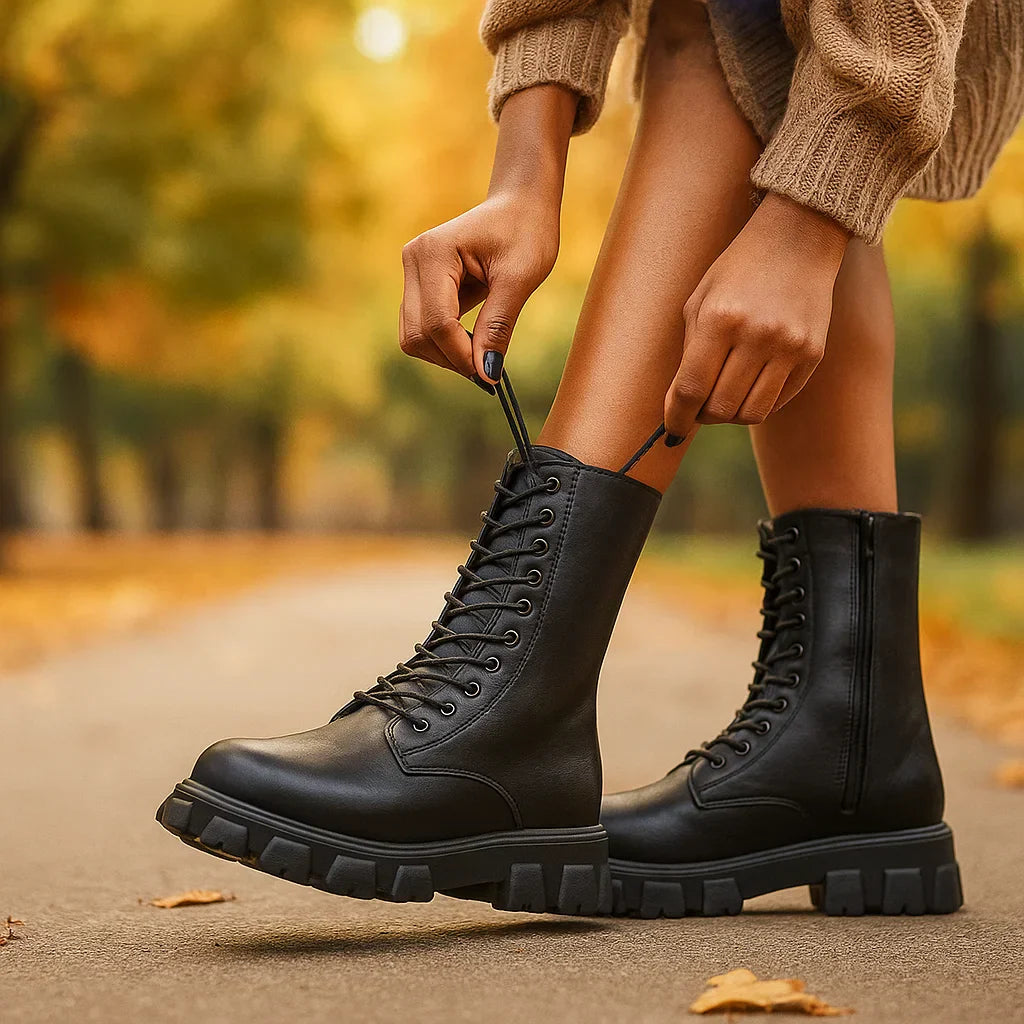 Damen Hohe Schnürschuhe - Robustes Sohlenprofil - Seitenreißverschluss
