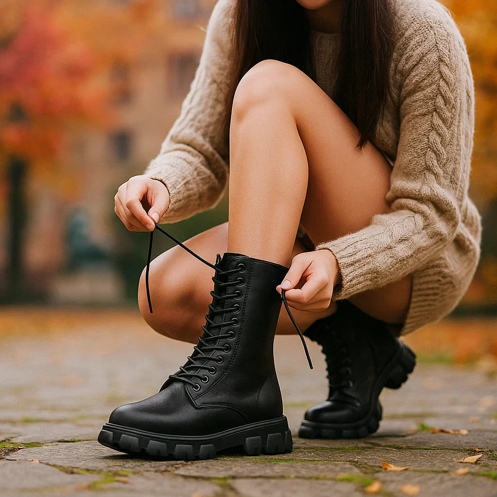 Damen Hohe Schnürschuhe - Robustes Sohlenprofil - Seitenreißverschluss