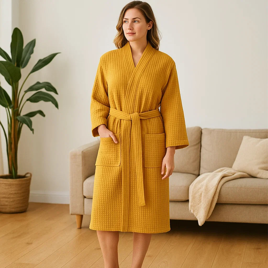SereneLuxe – Katoenen Wafelbadjas met Elegante V-hals