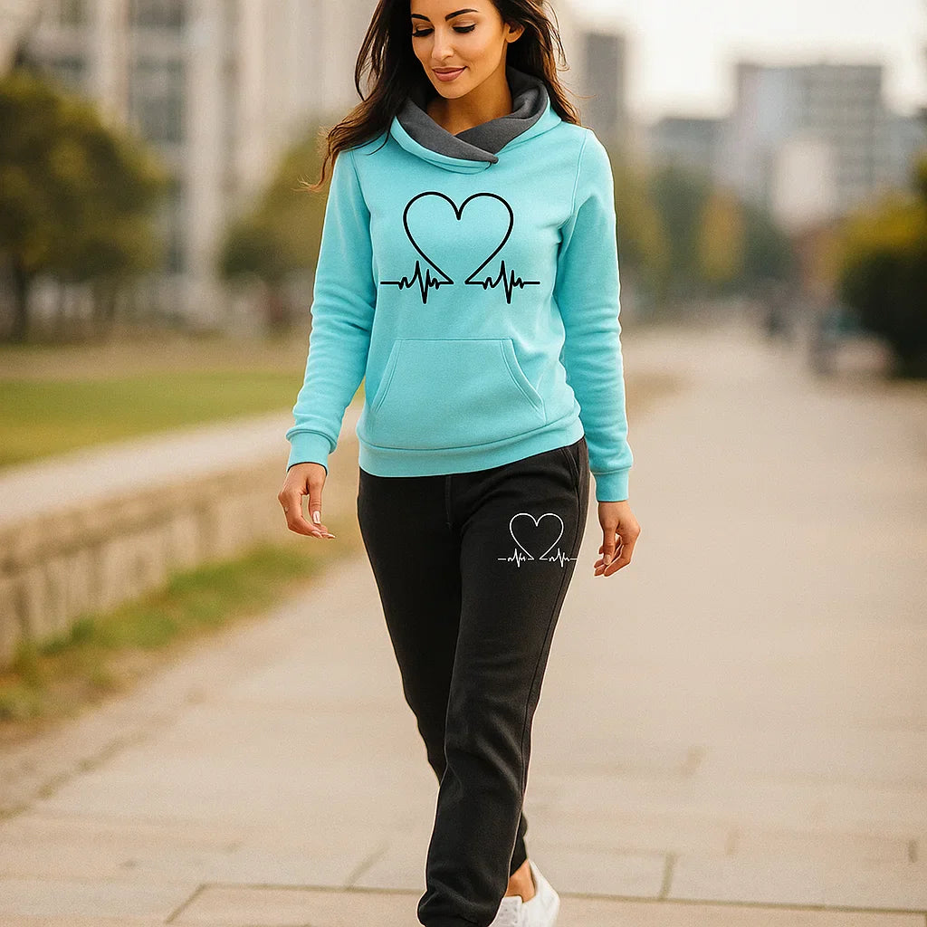 Aktives Damen-Trainingsoutfit - Heartbeat - Leggings - Kapuzenpullover - Fitness