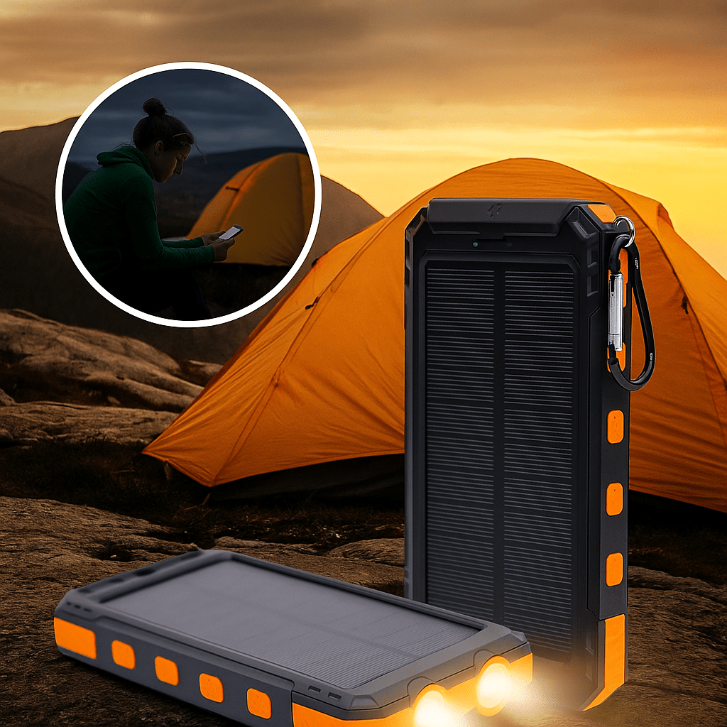 Aurinkokäyttöinen Power Bank LED - taskulampulla - EmiyoSuomi - Leirintäalue