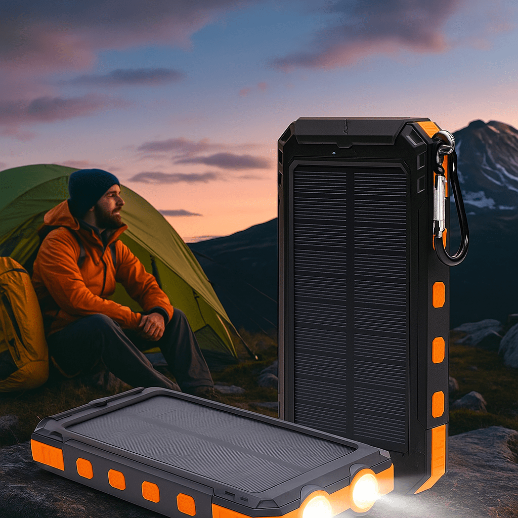 Aurinkokäyttöinen Power Bank LED - taskulampulla - EmiyoSuomi - Leirintäalue