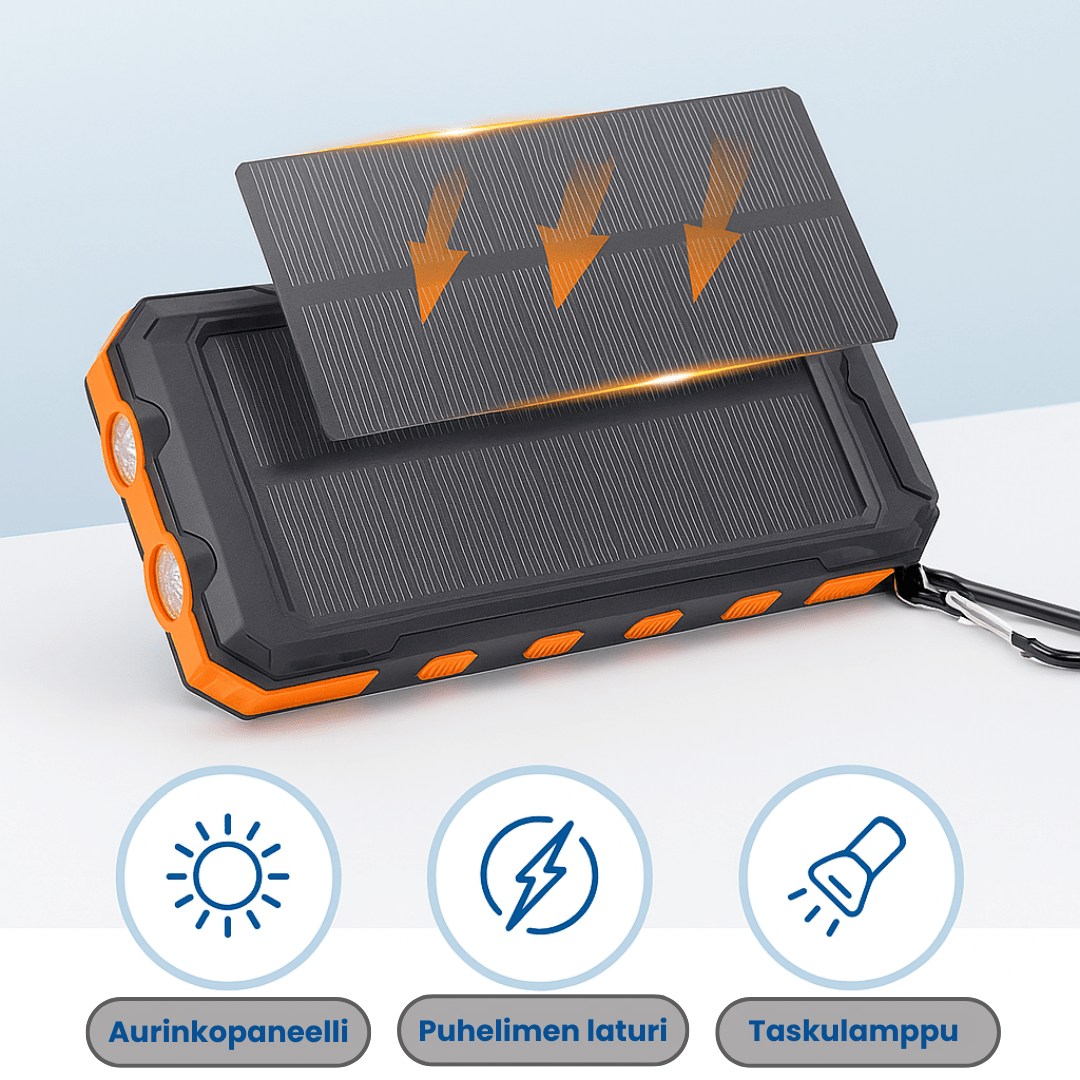 Aurinkokäyttöinen Power Bank LED - taskulampulla - EmiyoSuomi - Leirintäalue