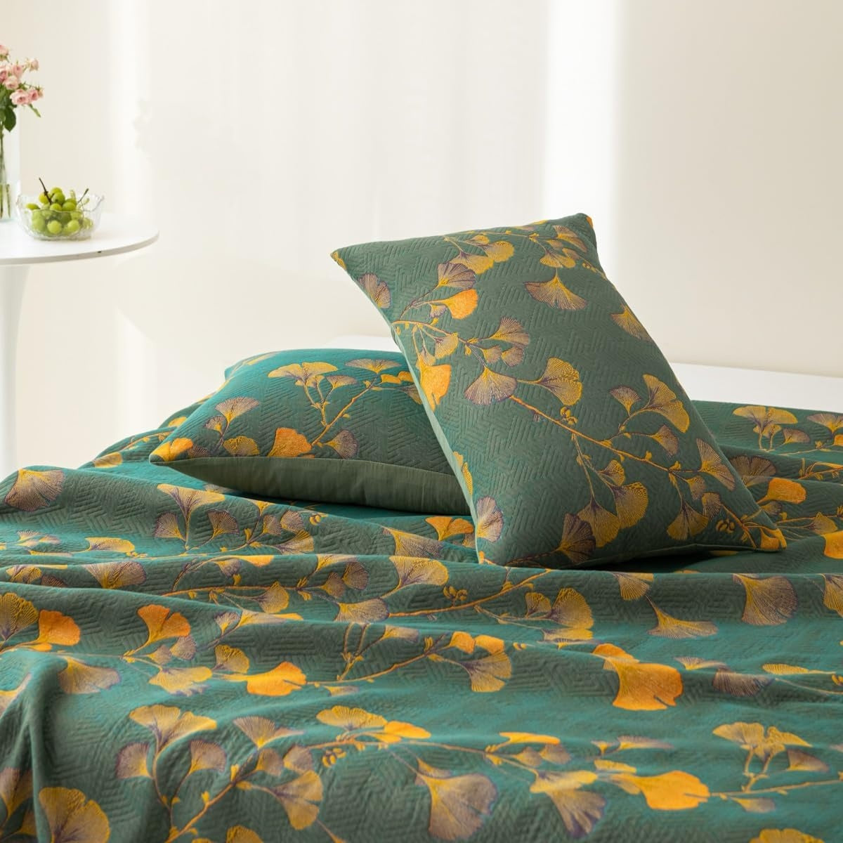 Bedsprei tikitetty ginkgolehtikuvio kaksipuolinen kuosi