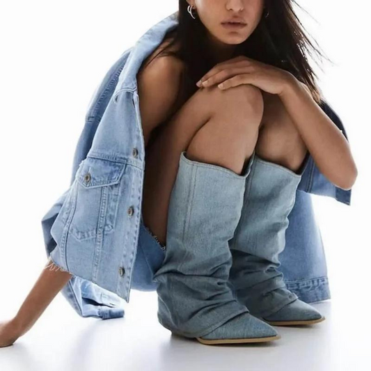 Naisten Denim Saappaat | Block Heels | Rento Western-Tyyli | Nilkkapituus ja Leveä Varsi-RANDOM-EmiyoSuomi