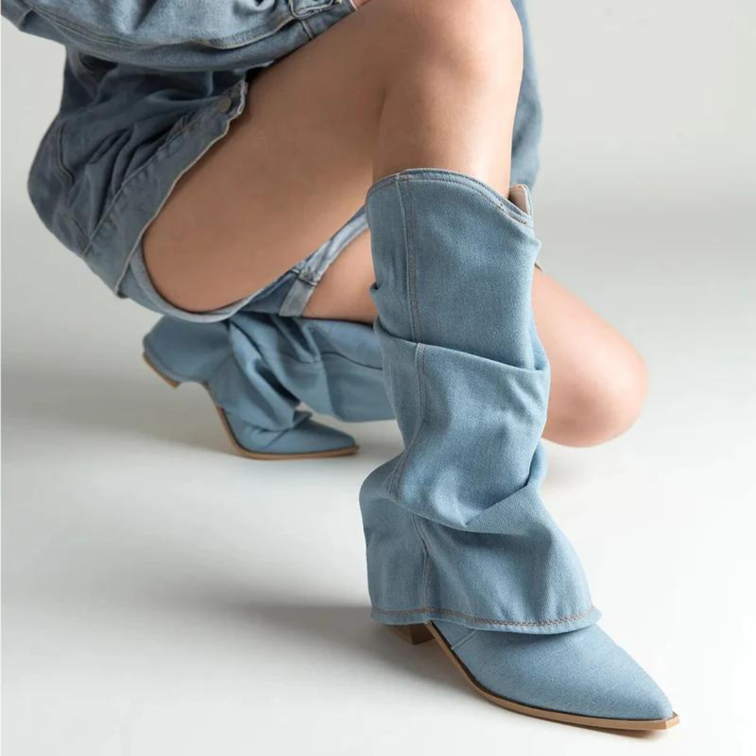 Naisten Denim Saappaat | Block Heels | Rento Western-Tyyli | Nilkkapituus ja Leveä Varsi-RANDOM-EmiyoSuomi
