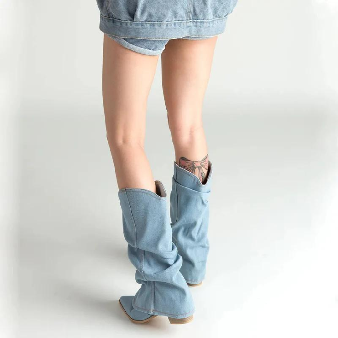 Naisten Denim Saappaat | Block Heels | Rento Western-Tyyli | Nilkkapituus ja Leveä Varsi-RANDOM-EmiyoSuomi