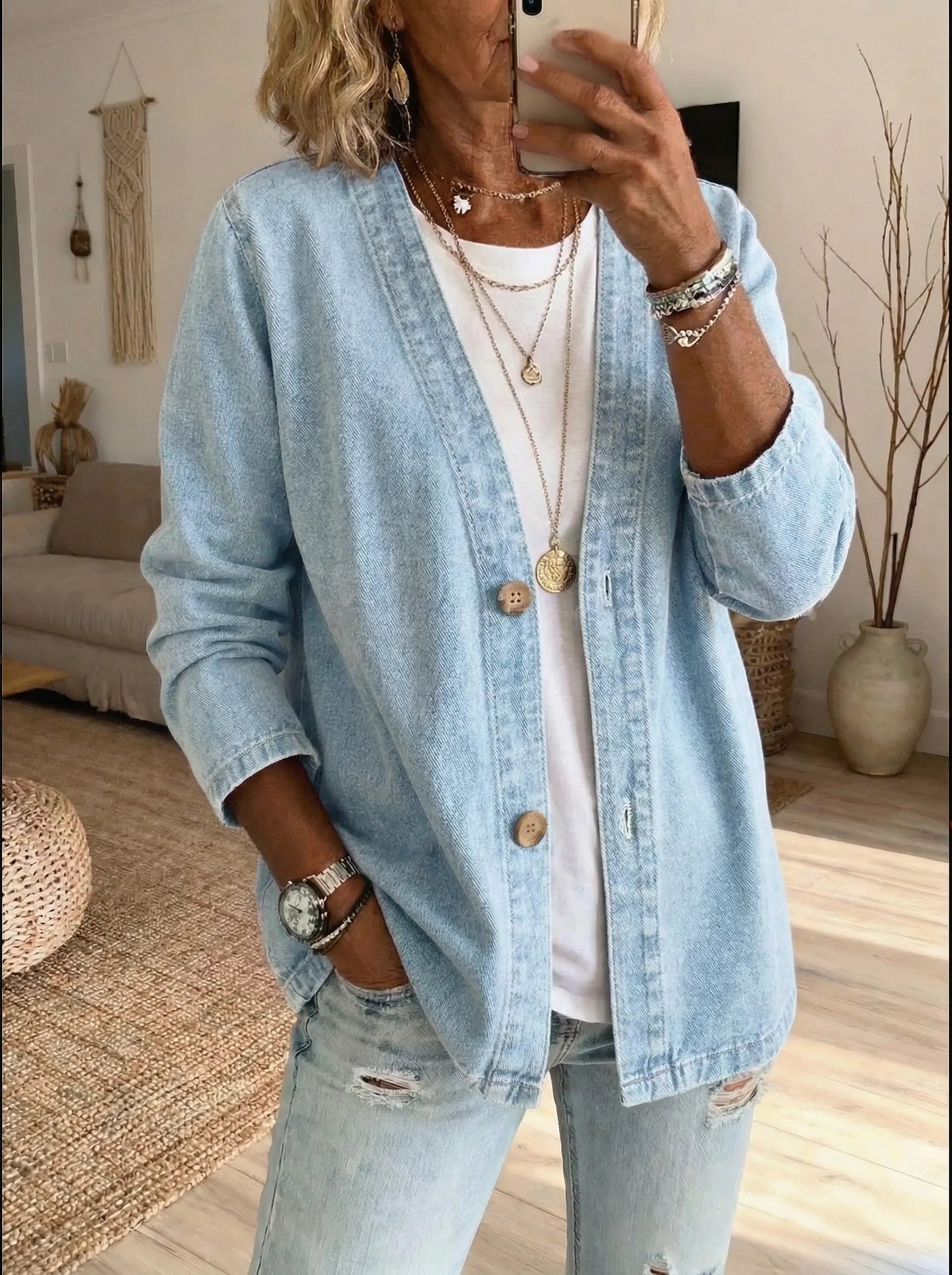 Denimtakki | Nappirivit, Pitkät Hihat | Casual