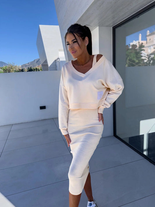 Naisten Pitkähiha V-pääntie Crop Top & Bodycon Midi Hame-Mekot-EmiyoSuomi