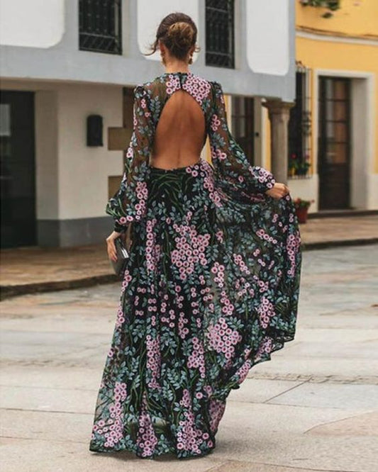 Belinda - Maxi Kukkamekko Ilman Selkää - Vintage Tyylinen-Mekot-EmiyoSuomi