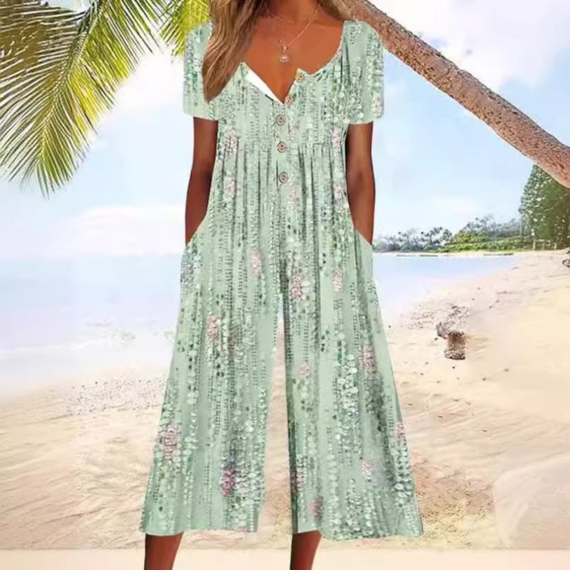 Naisten culotte-jumpsuit | lyhythihainen puuvilla, painettu | kesä