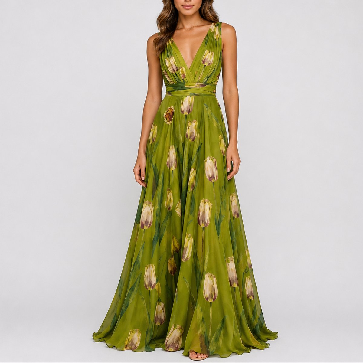 Naisten chiffon maxi mekko kukkainen V-kaula-aukko A-linja juhlamekko
