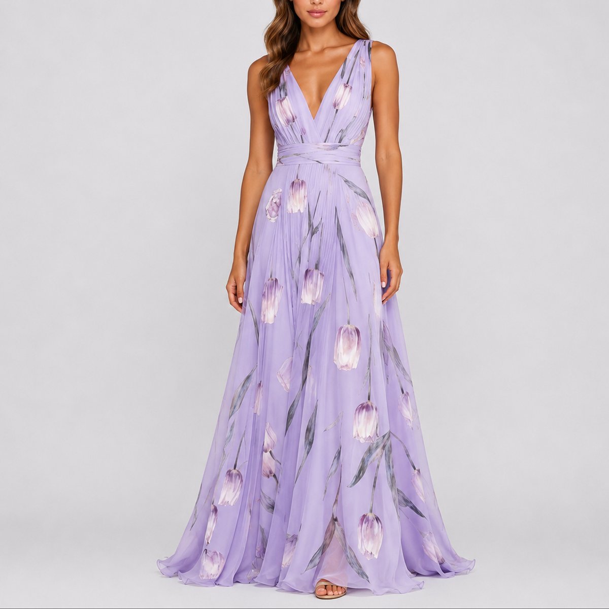Naisten chiffon maxi mekko kukkainen V-kaula-aukko A-linja juhlamekko