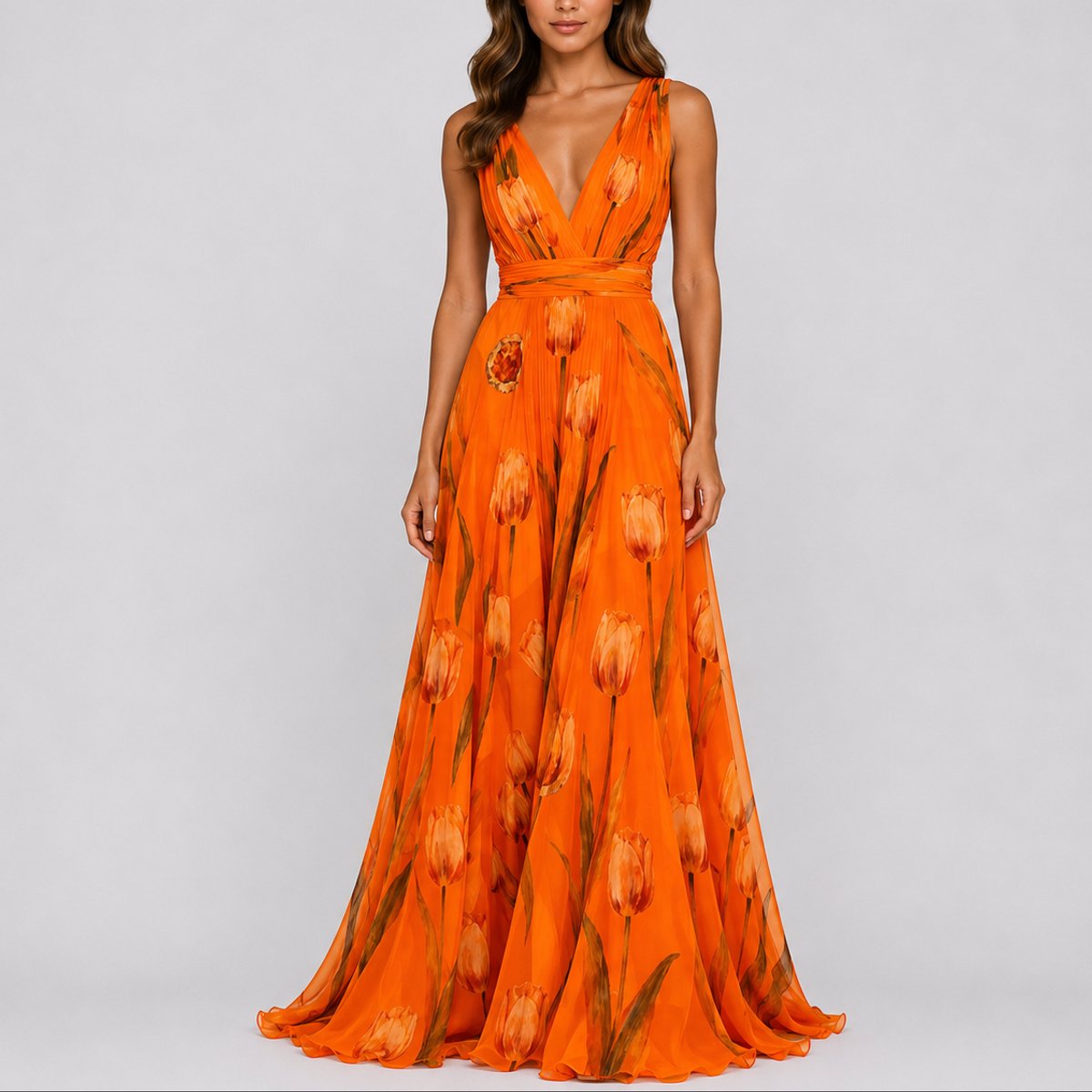 Naisten chiffon maxi mekko kukkainen V-kaula-aukko A-linja juhlamekko
