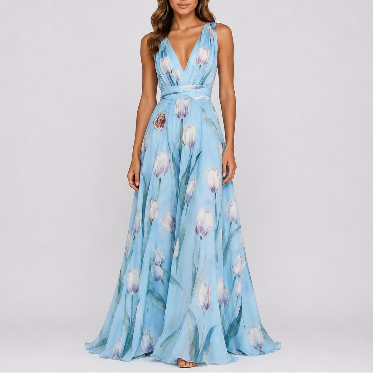 Naisten chiffon maxi mekko kukkainen V-kaula-aukko A-linja juhlamekko