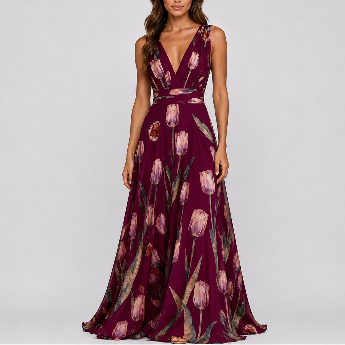 Naisten chiffon maxi mekko kukkainen V-kaula-aukko A-linja juhlamekko