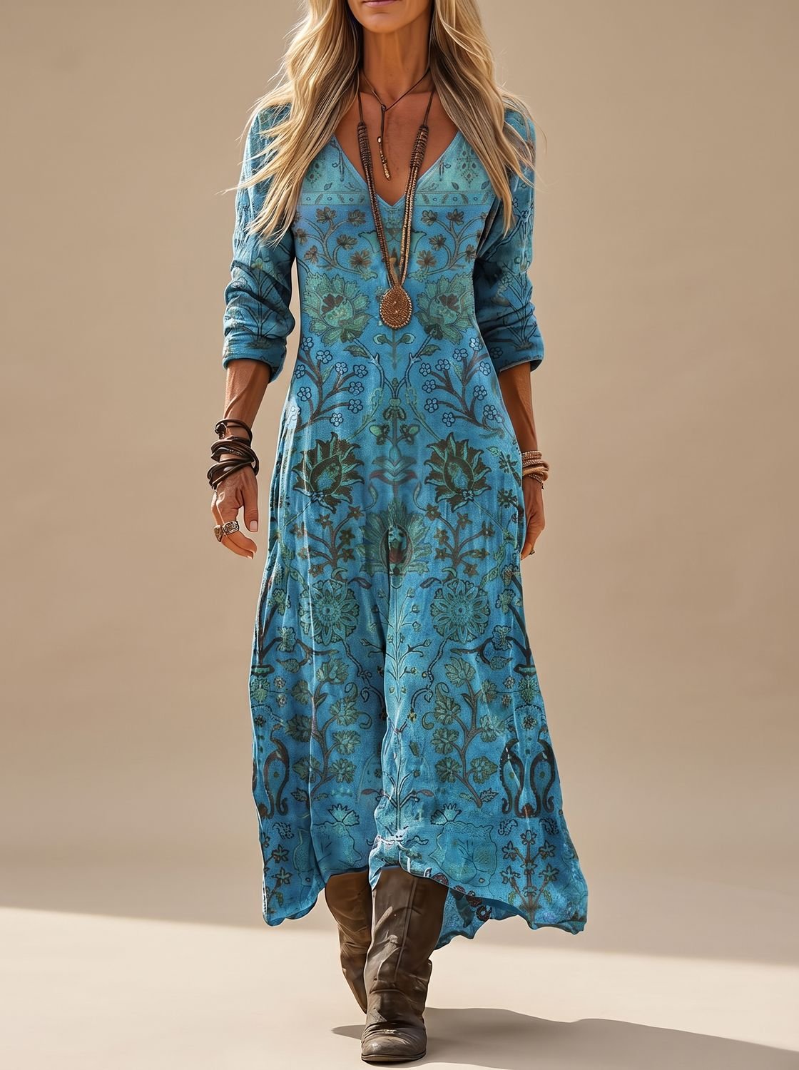 Naisten boho maxi mekko pitkähihainen kukkaprint V-kaula-aukko vintage