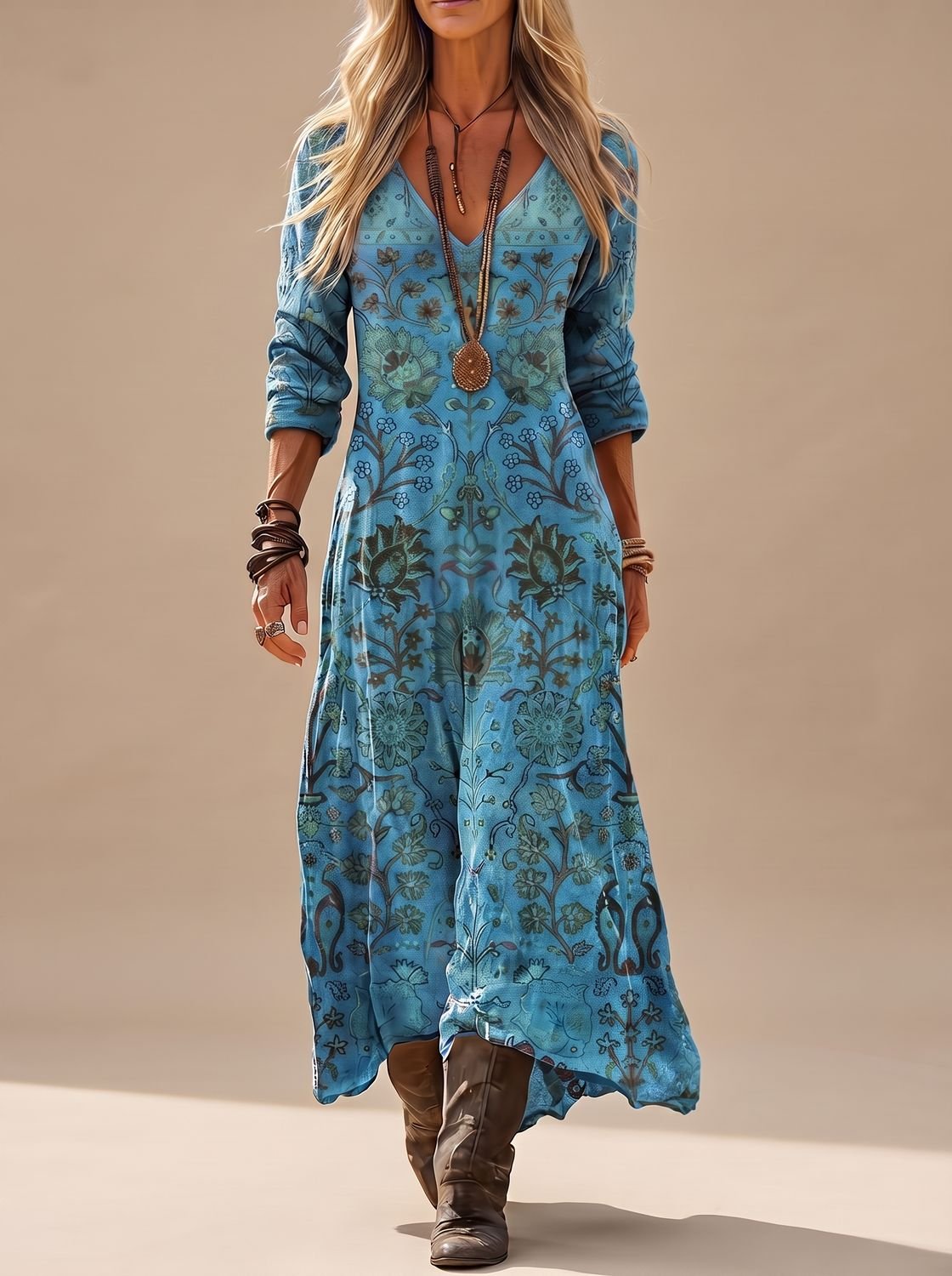 Naisten boho maxi mekko pitkähihainen kukkaprint V-kaula-aukko vintage