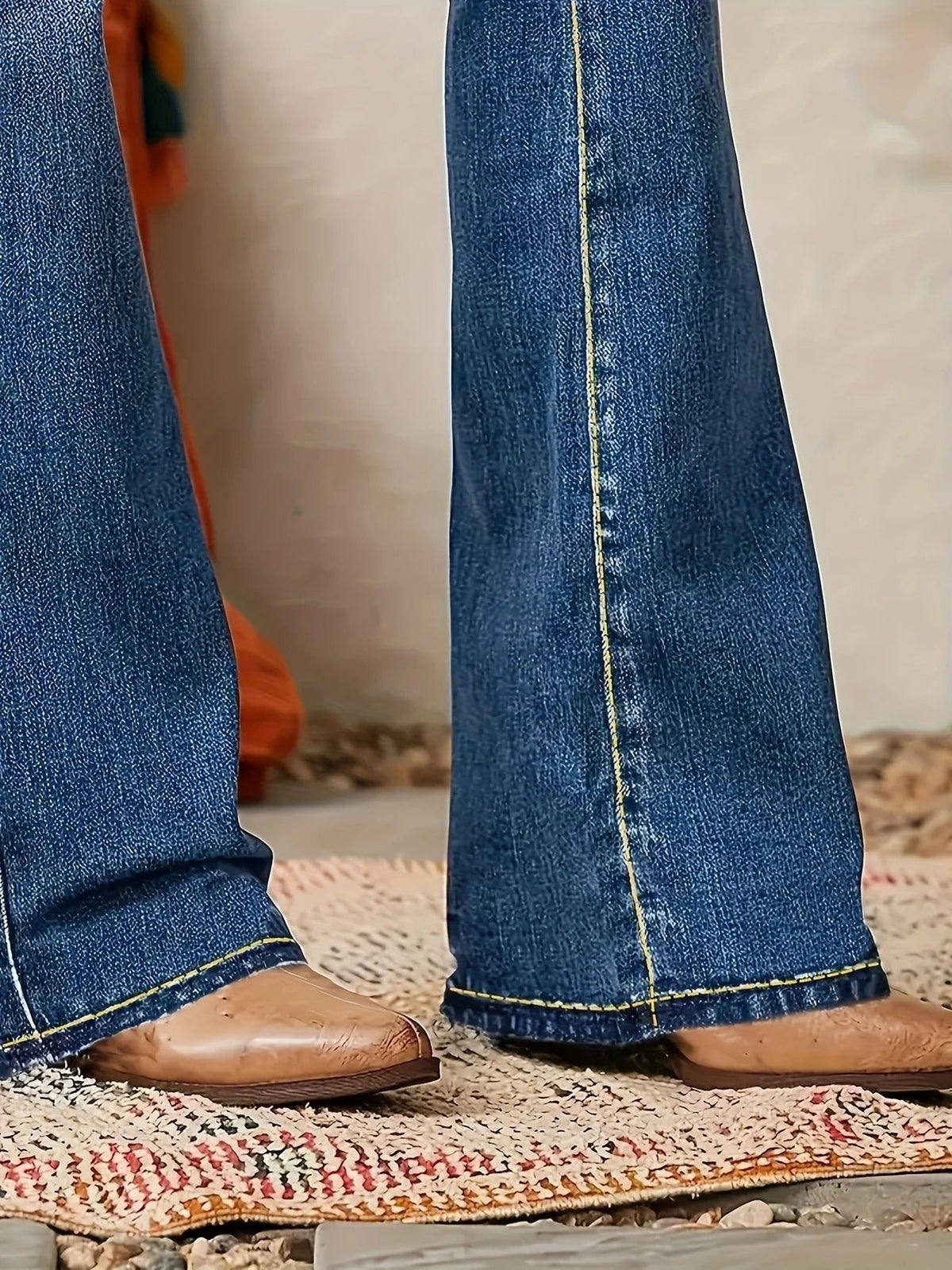 Naisten denim leveälahkeiset housut korkeavyötäröiset vartalomyötäinen istuvuus