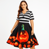 Daniela Vintage Halloween Mekko - Kurpitsaprintti - Midi - Pituus - Tyylikäs Juhlapuku - EmiyoSuomi - Halloween