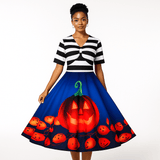 Daniela Vintage Halloween Mekko - Kurpitsaprintti - Midi - Pituus - Tyylikäs Juhlapuku - EmiyoSuomi - Halloween