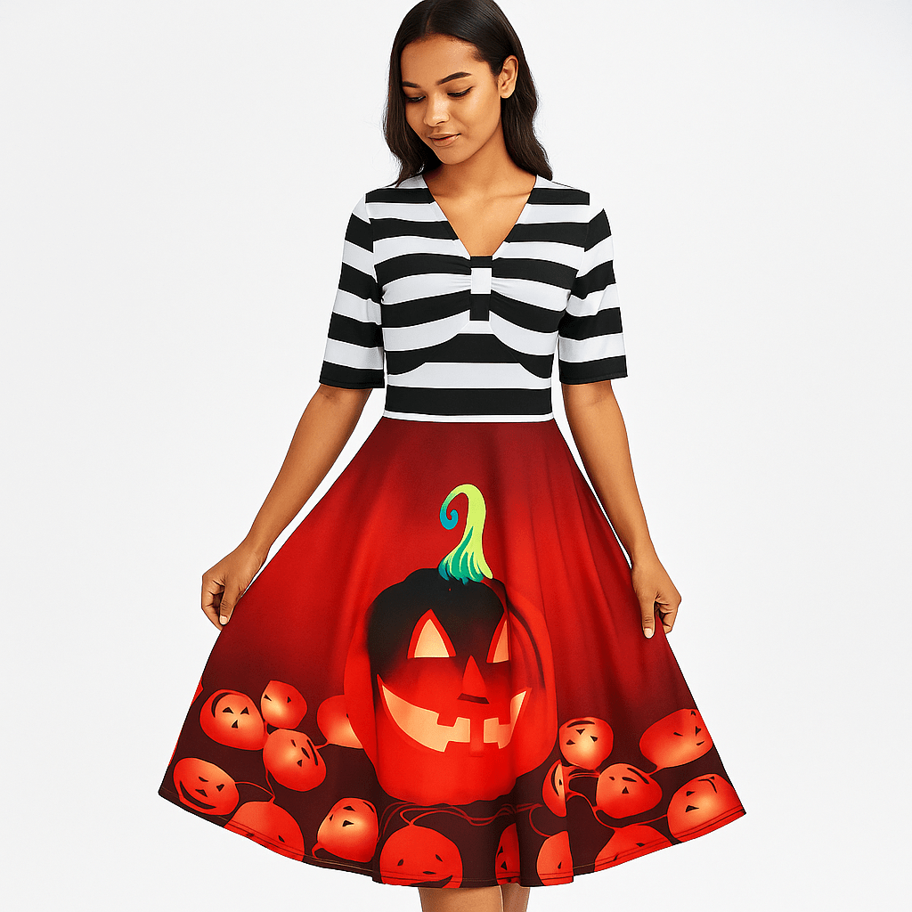 Daniela Vintage Halloween Mekko - Kurpitsaprintti - Midi - Pituus - Tyylikäs Juhlapuku - EmiyoSuomi - Halloween